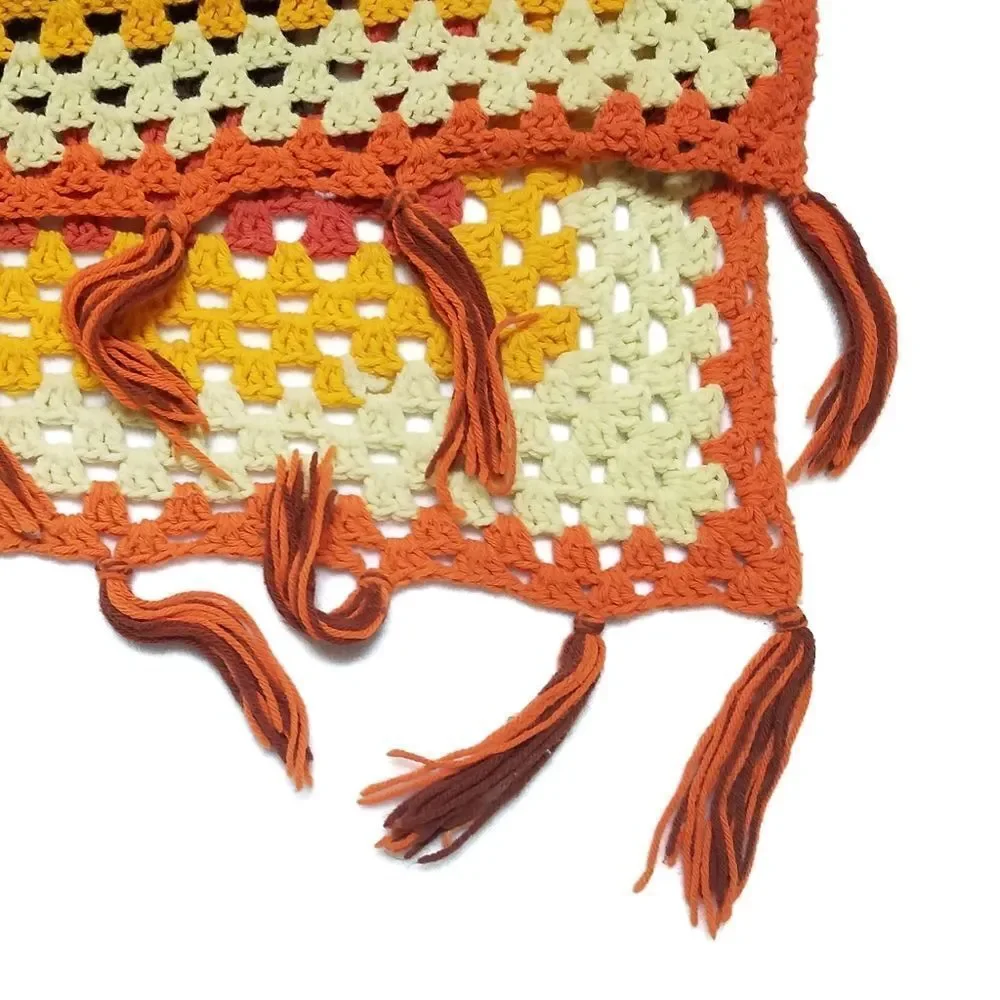 VINTAGE 1970s Handmade Crochet Fall Fringe Granny Square Afghan Throw Blanket